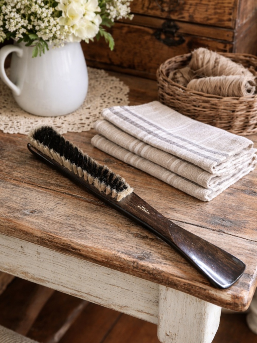 Vintage 40's 50's Wooden Bristle Lint Brush Shoe Horn
